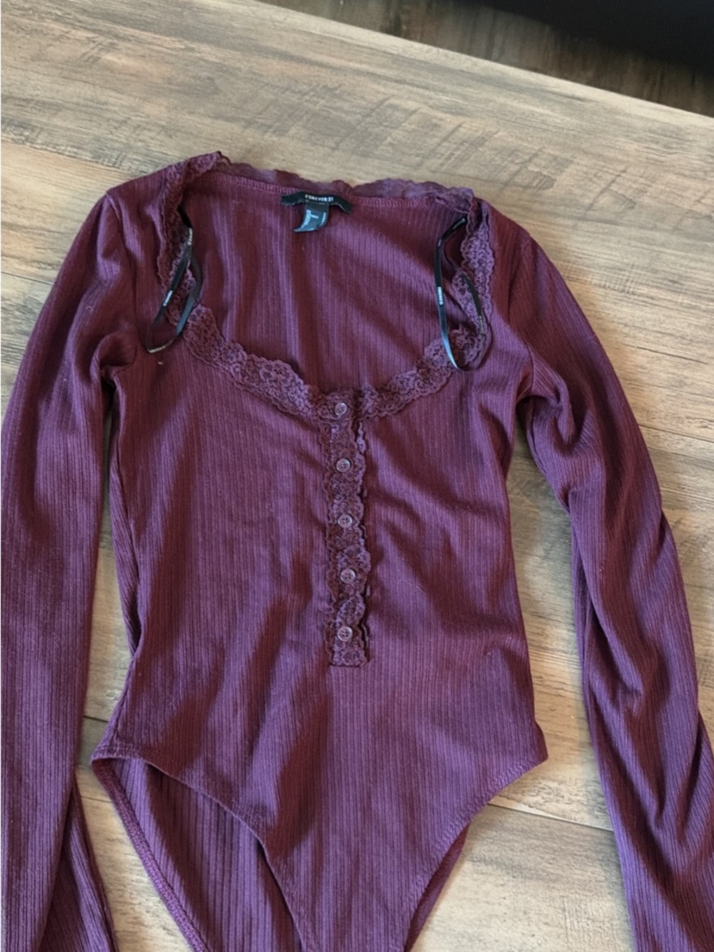 Forever 21 Plum Lace-Trim Ribbed Long Sleeve Bodysuit